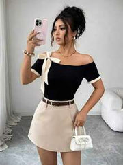 Elenzga Women's Off-Shoulder Short Sleeve Knit T-Shirt With Contrast Color Cuffs, Elastic Waist Fitted Tee, French Elegant Bowknot Strap Design