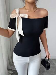 Elenzga Women's Off-Shoulder Short Sleeve Knit T-Shirt With Contrast Color Cuffs, Elastic Waist Fitted Tee, French Elegant Bowknot Strap Design