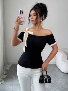 Elenzga Women's Off-Shoulder Short Sleeve Knit T-Shirt With Contrast Color Cuffs, Elastic Waist Fitted Tee, French Elegant Bowknot Strap Design