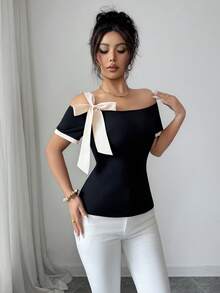 Elenzga Women's Off-Shoulder Short Sleeve Knit T-Shirt With Contrast Color Cuffs, Elastic Waist Fitted Tee, French Elegant Bowknot Strap Design