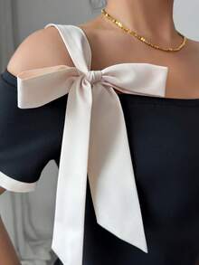 Elenzga Women's Off-Shoulder Short Sleeve Knit T-Shirt With Contrast Color Cuffs, Elastic Waist Fitted Tee, French Elegant Bowknot Strap Design