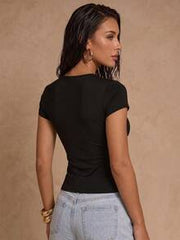 Glamine American Chic Black Knit Patchwork Lace Trim Collar Crew Neck Raglan Sleeve Regular Fit T-Shirt, Suitable For Spring And Summer