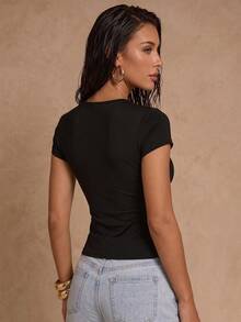 Glamine American Chic Black Knit Patchwork Lace Trim Collar Crew Neck Raglan Sleeve Regular Fit T-Shirt