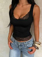 Summer Top, Black Lace Stitching Camisole, Summer Commute, Women's Casual Street Daily Crop Top, Music Festival Outfit, Nightlife, Women's Outing Top
