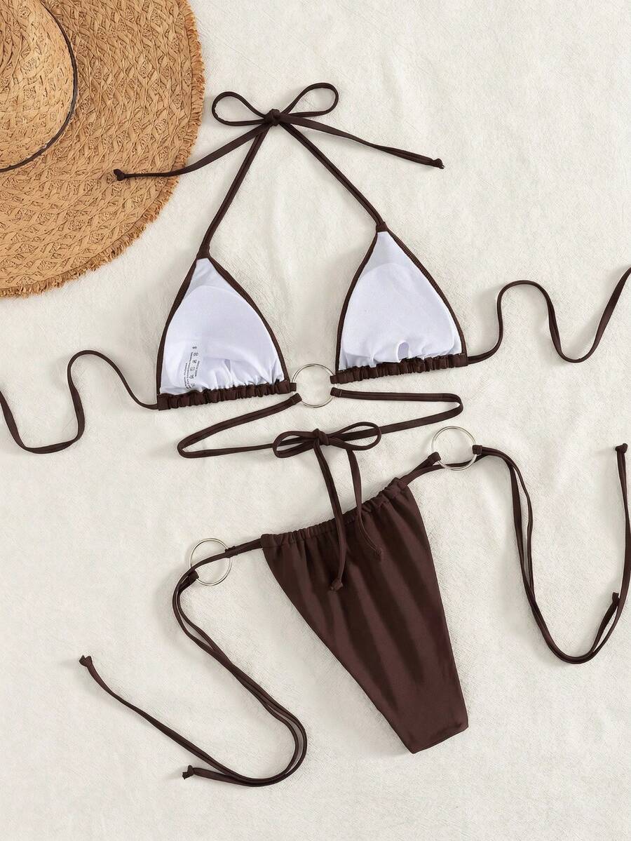 Jednobojni sjajni bikini sa dekoracijom