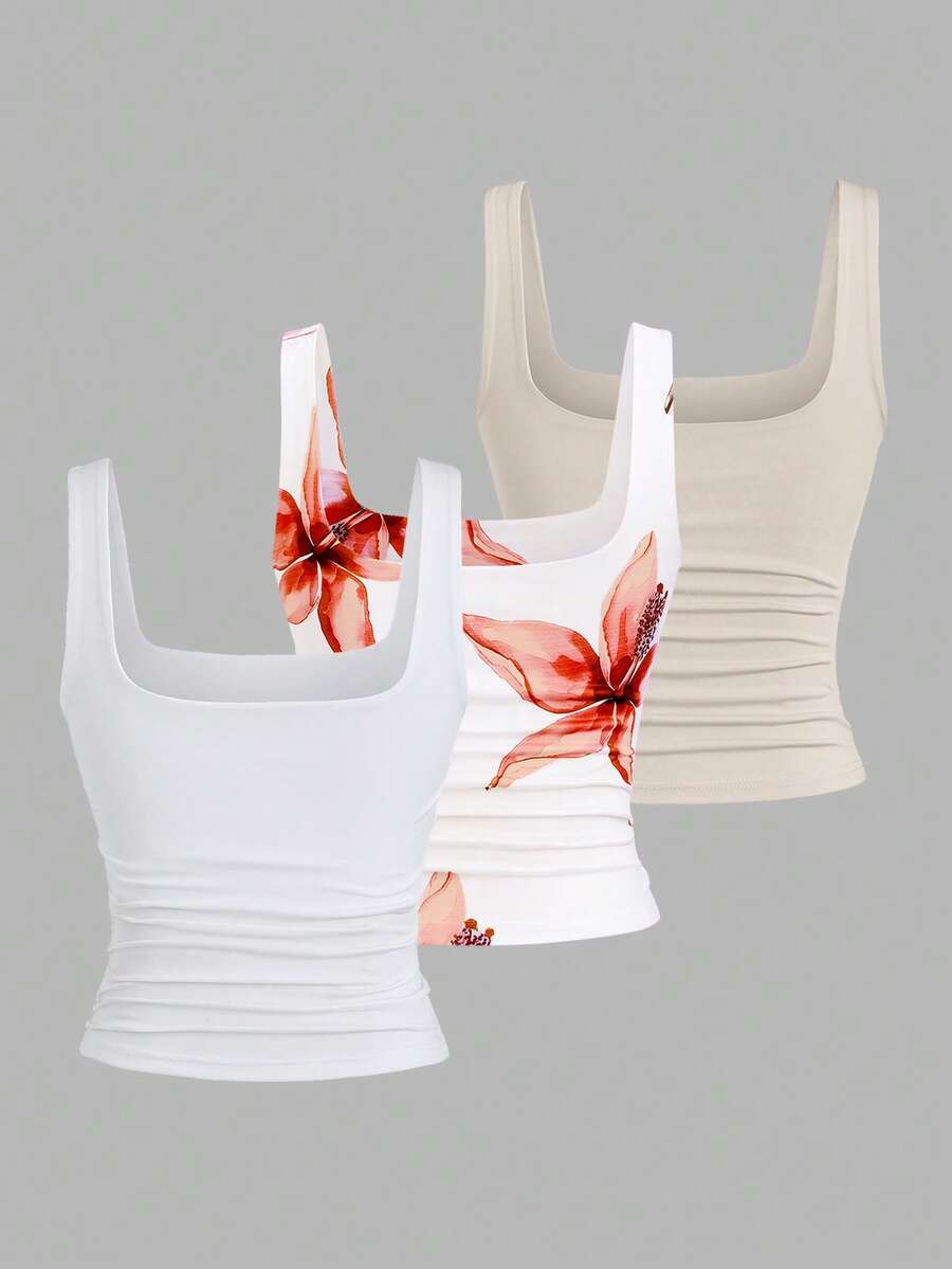 Sweetra Ženska Letnja Majica – Kvadratni Izrez, Nabran Slim Fit Casual Top