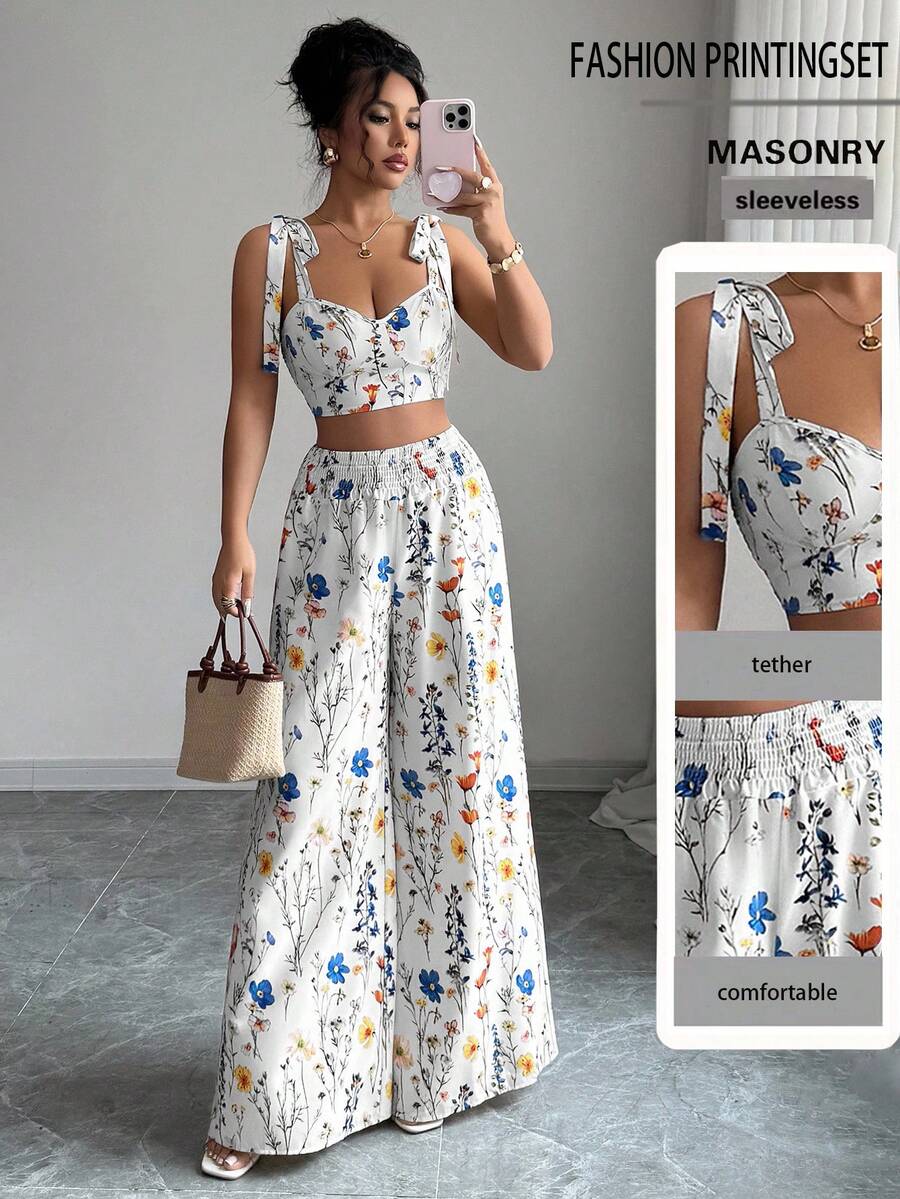 Komplet top bez leđa  + široke pantalone sa vezicom u struku