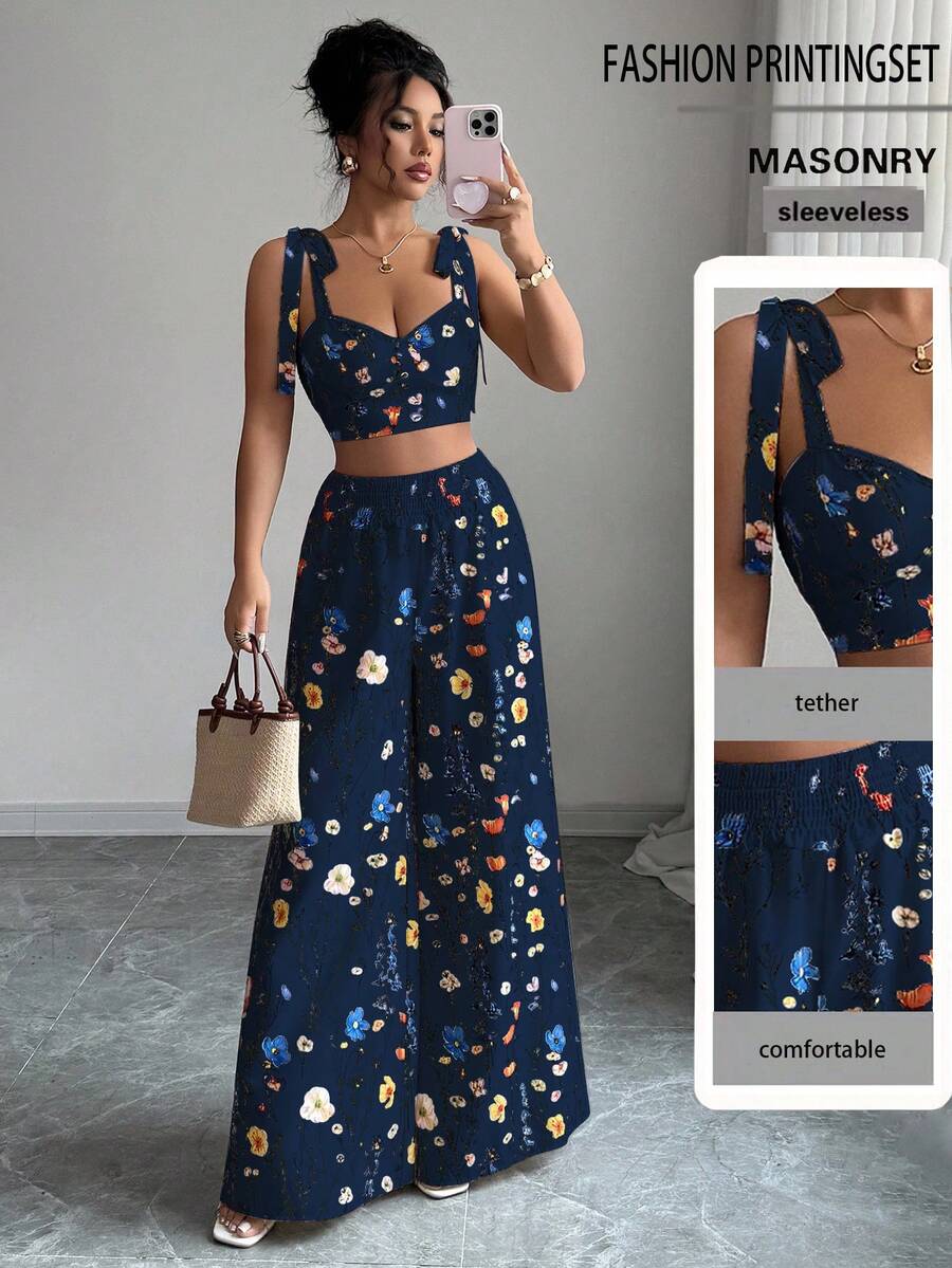 Komplet top bez leđa  + široke pantalone sa vezicom u struku