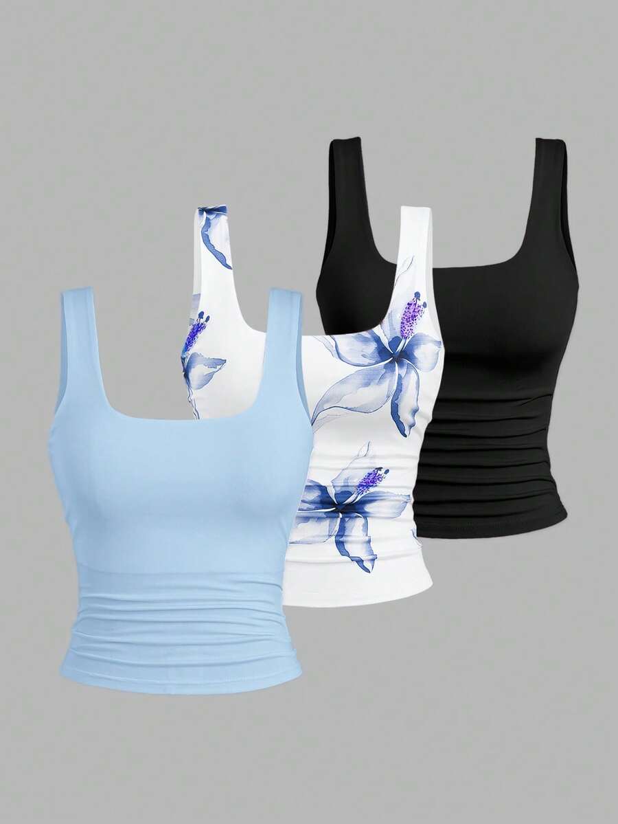 Sweetra Ženska Letnja Majica – Kvadratni Izrez, Nabran Slim Fit Casual Top