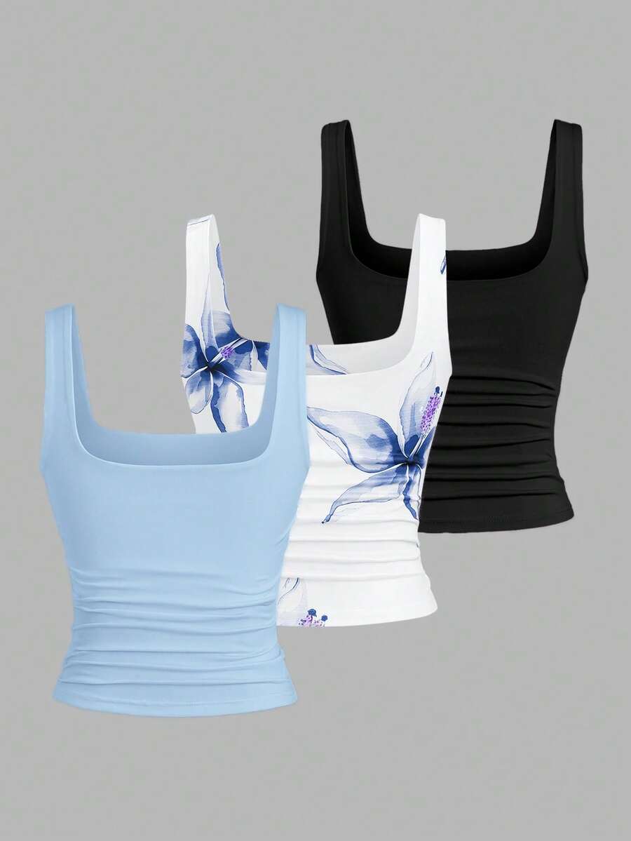 Sweetra Ženska Letnja Majica – Kvadratni Izrez, Nabran Slim Fit Casual Top