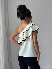 Elenzga Women's Elegant Casual One-Shoulder Shirt, Ruffle Color Block Trim, Stylish Design, Daily Outdoor Wear & Easy To Match