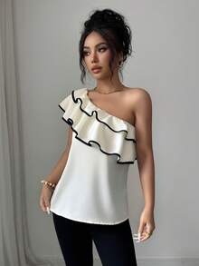 Elenzga Women's Elegant Casual One-Shoulder Shirt, Ruffle Color Block Trim, Stylish Design, Daily Outdoor Wear & Easy To Match