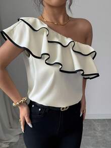 Elenzga Women's Elegant Casual One-Shoulder Shirt, Ruffle Color Block Trim, Stylish Design, Daily Outdoor Wear & Easy To Match