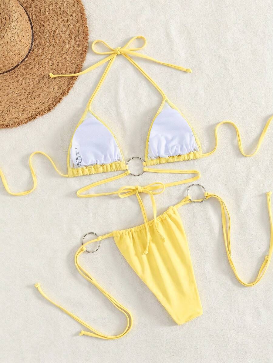 Jednobojni sjajni bikini sa dekoracijom