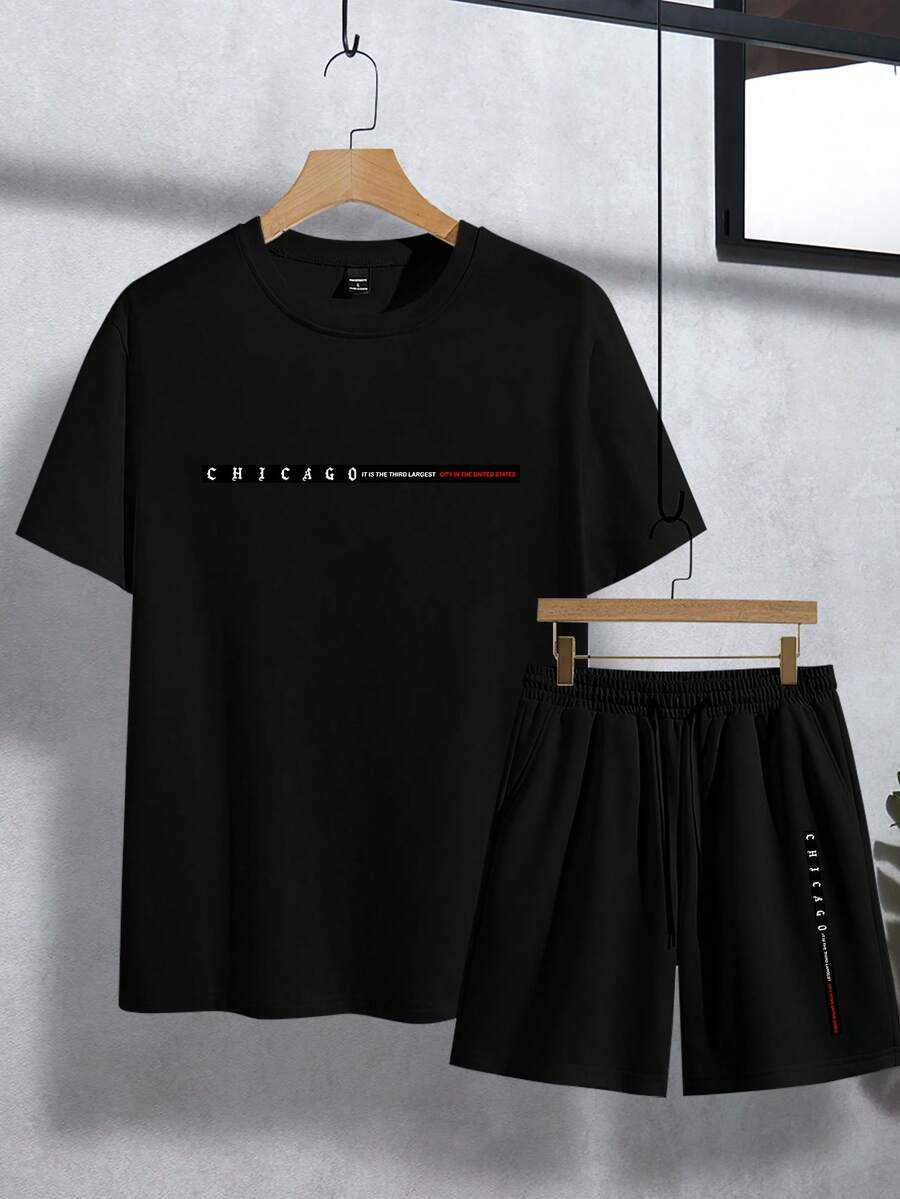Muški streetwear komplet sa kratkim rukavima i šorts sa printom slova Chicago