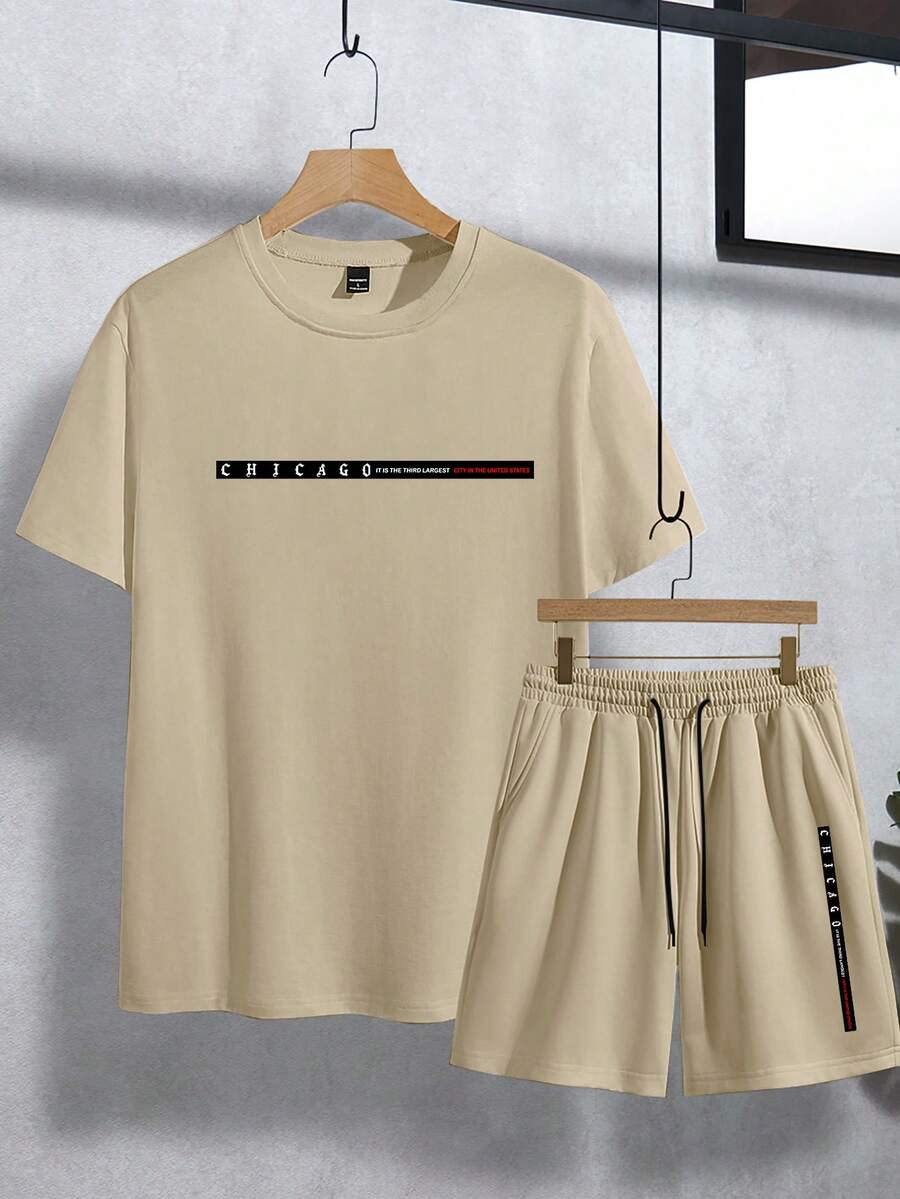 Muški streetwear komplet sa kratkim rukavima i šorts sa printom slova Chicago