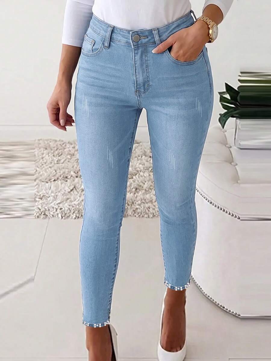 Ženske moderne uske farmeri sa štrasom, slim fit, ležerne