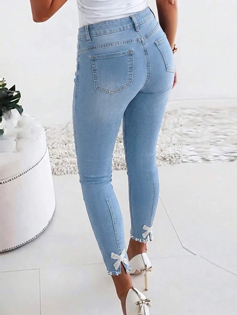 Ženske moderne uske farmeri sa štrasom, slim fit, ležerne