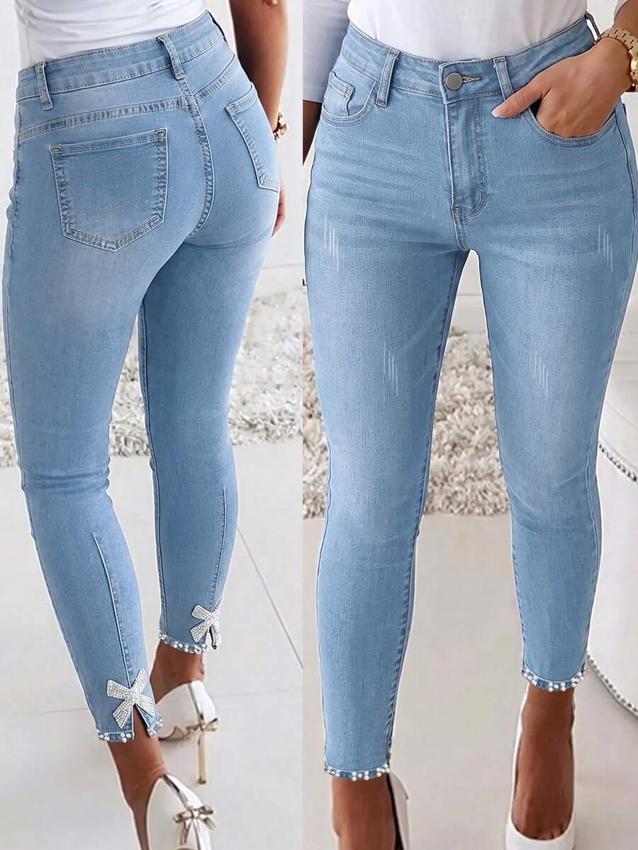 Ženske moderne uske farmeri sa štrasom, slim fit, ležerne
