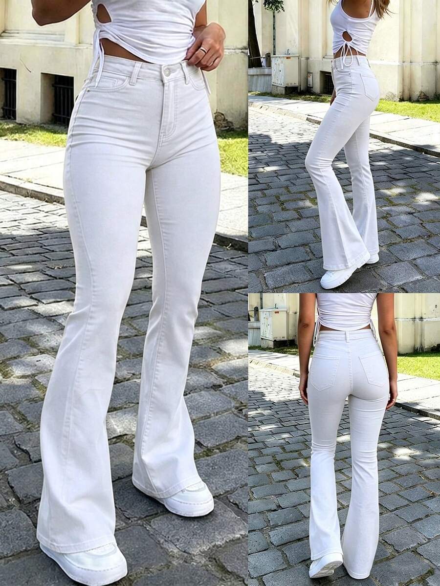 Ženske Svakodnevne Pantalone sa Rajsferšlusom i Dugmetom – Široke Nogavice, Prirodni Struk