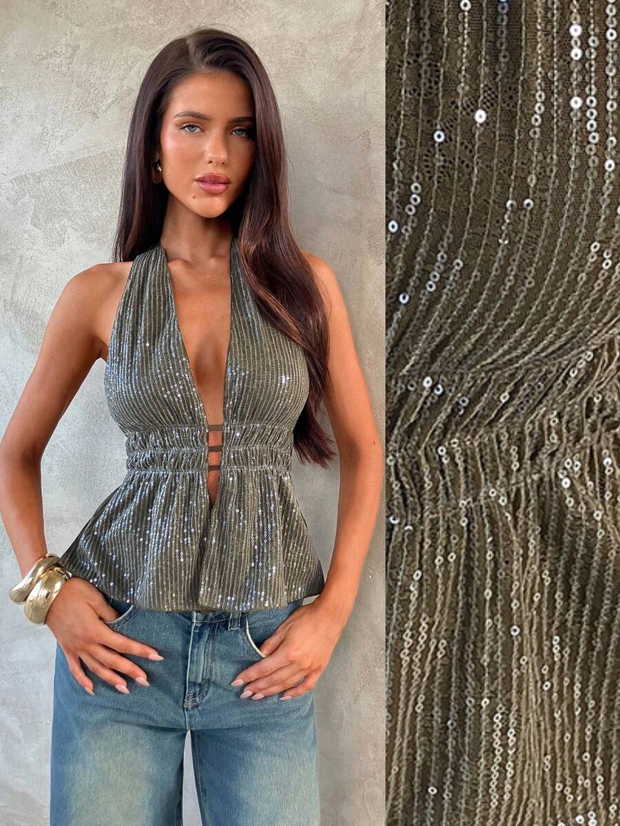 Halter Top Bez Leđa sa Šljokicama