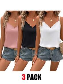 SHEIN Frenchy 3pcs Women Casual Loose Fit Tank Tops,White And Black Summmer Elegant Date Top Clothing,Fashionable Y2K Shiny V-Neck Scallop Trim Camis For Vacation