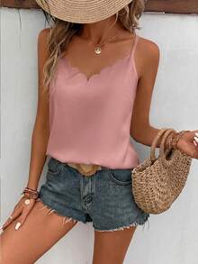 SHEIN Frenchy 3pcs Women Casual Loose Fit Tank Tops,White And Black Summmer Elegant Date Top Clothing,Fashionable Y2K Shiny V-Neck Scallop Trim Camis For Vacation