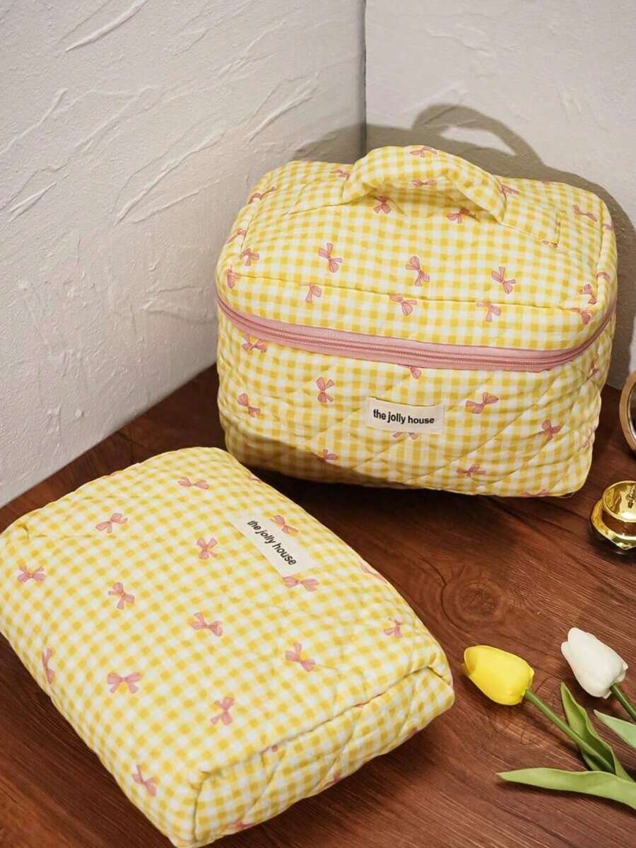 Set od 3 komada visokokvalitetnih žutih kariranih tašni za kozmetiku sa mašnom