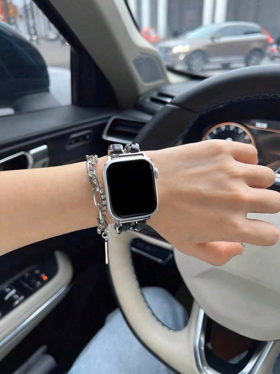 Ženska narukvica za sat od nerđajućeg čelika i kože, kompatibilna sa Apple Watch 42mm, 38mm, 40mm, 41mm, 44mm, 45mm, 46mm, 49mm