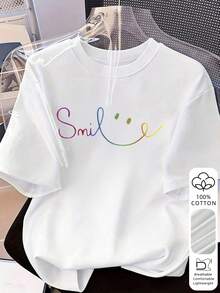 Women's Gradient Smiling Face Print T-Shirt, 100% Cotton Material, Lightweight And Soft, Y2K Rainbow Style White