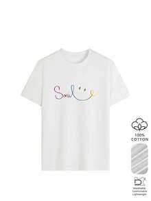 Women's Gradient Smiling Face Print T-Shirt, 100% Cotton Material, Lightweight And Soft, Y2K Rainbow Style White