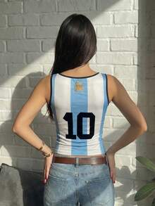 Women's Casual Argentine Mesh Sleeveless Camisole, Slim Fit Sports Top, Suitable For Summer & Spring, Women's World Cup Outfit