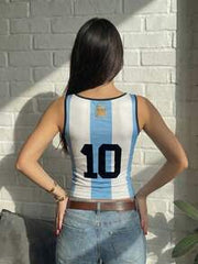 Women's Casual Argentine Mesh Sleeveless Camisole, Slim Fit Sports Top, Suitable For Summer & Spring, Women's World Cup Outfit