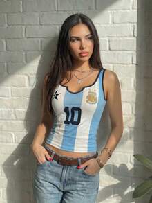 Women's Casual Argentine Mesh Sleeveless Camisole, Slim Fit Sports Top, Suitable For Summer & Spring, Women's World Cup Outfit