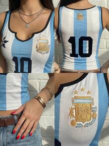 Women's Casual Argentine Mesh Sleeveless Camisole, Slim Fit Sports Top, Suitable For Summer & Spring, Women's World Cup Outfit