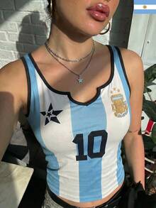 Women's Casual Argentine Mesh Sleeveless Camisole, Slim Fit Sports Top, Suitable For Summer & Spring, Women's World Cup Outfit