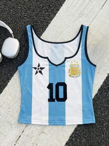 Women's Casual Argentine Mesh Sleeveless Camisole, Slim Fit Sports Top, Suitable For Summer & Spring, Women's World Cup Outfit