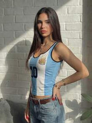 Women's Casual Argentine Mesh Sleeveless Camisole, Slim Fit Sports Top, Suitable For Summer & Spring, Women's World Cup Outfit
