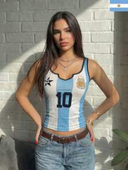 Women's Casual Argentine Mesh Sleeveless Camisole, Slim Fit Sports Top, Suitable For Summer & Spring, Women's World Cup Outfit