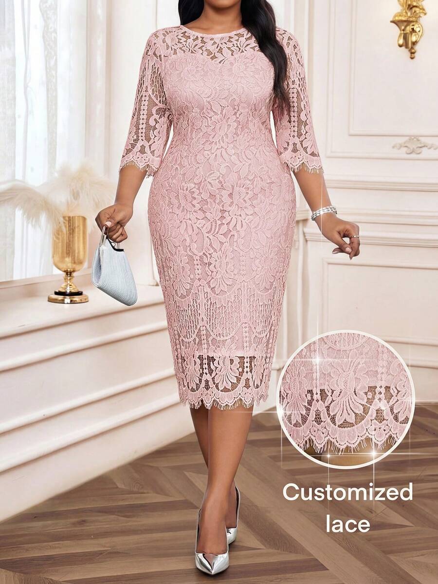 Elegantna crna midi haljina od čipke za žene, plus size, sa 3/4 rukavima