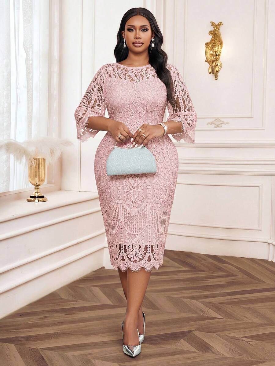 Elegantna crna midi haljina od čipke za žene, plus size, sa 3/4 rukavima