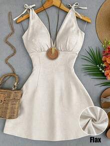 Franclia Beige,Summer,Elegant,Holiday,Vacation,Holiday Women Cotton Linen Spaghetti Strap Deep V-Neck Mini Dress,Solid Color Tie-Waist Slim Fit A-Line Outfit