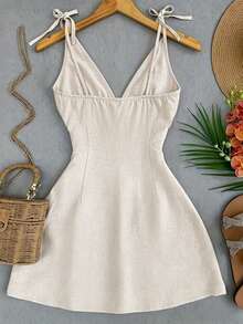 Franclia Beige,Summer,Elegant,Holiday,Vacation,Holiday Women Cotton Linen Spaghetti Strap Deep V-Neck Mini Dress,Solid Color Tie-Waist Slim Fit A-Line Outfit