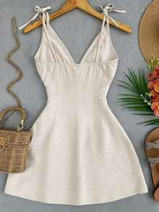 Franclia Beige,Summer,Elegant,Holiday,Vacation,Holiday Women Cotton Linen Spaghetti Strap Deep V-Neck Mini Dress,Solid Color Tie-Waist Slim Fit A-Line Outfit