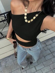 Siren Gaze New Arrival Asymmetrical Shoulder Tie-Up Hollow-Out Top Club Black Summer,Summer Top