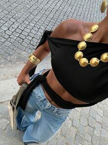 Siren Gaze New Arrival Asymmetrical Shoulder Tie-Up Hollow-Out Top Club Black Summer,Summer Top
