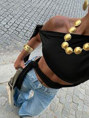 Siren Gaze New Arrival Asymmetrical Shoulder Tie-Up Hollow-Out Top Club Black Summer,Summer Top