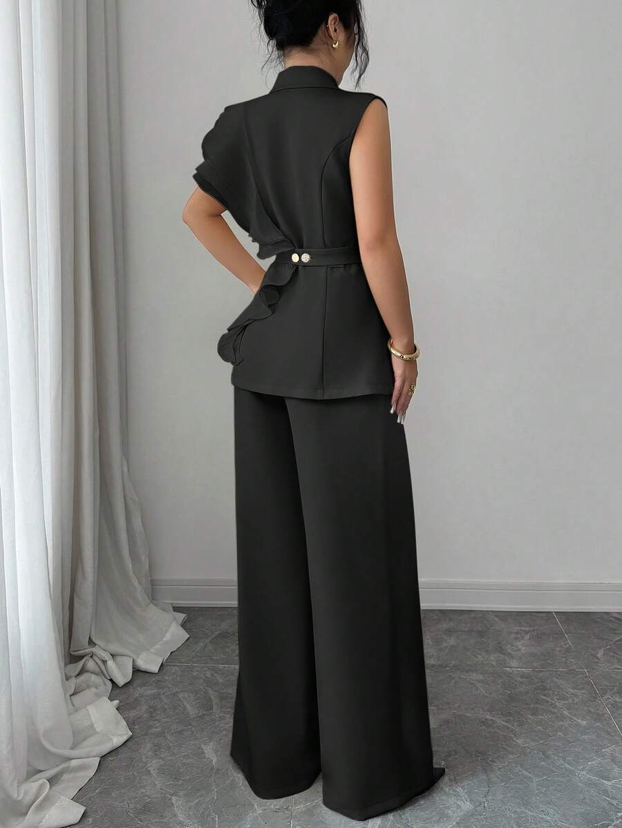 Ženski elegantni letnji luksuzni set -blejzer sa volanim kragnom i vezivanjem u struku uz pantalone