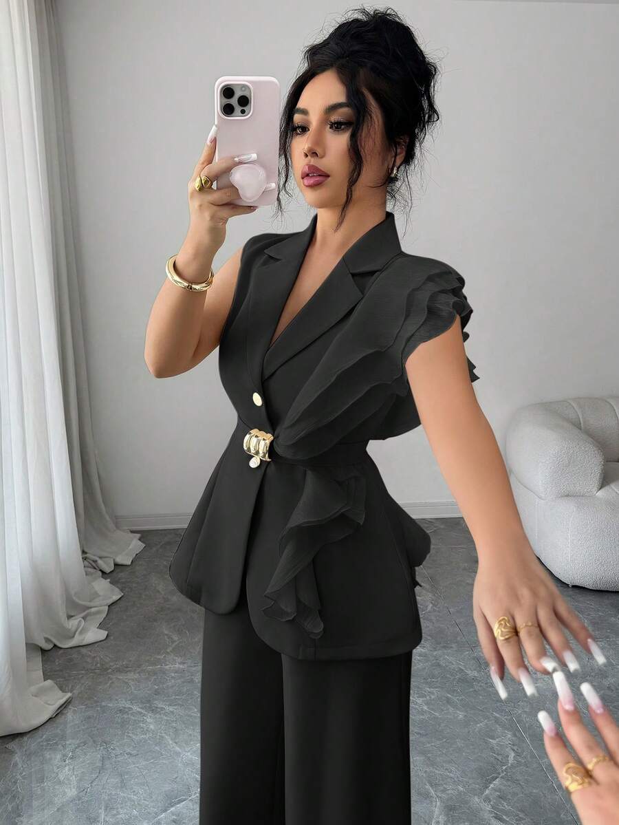 Ženski elegantni letnji luksuzni set -blejzer sa volanim kragnom i vezivanjem u struku uz pantalone