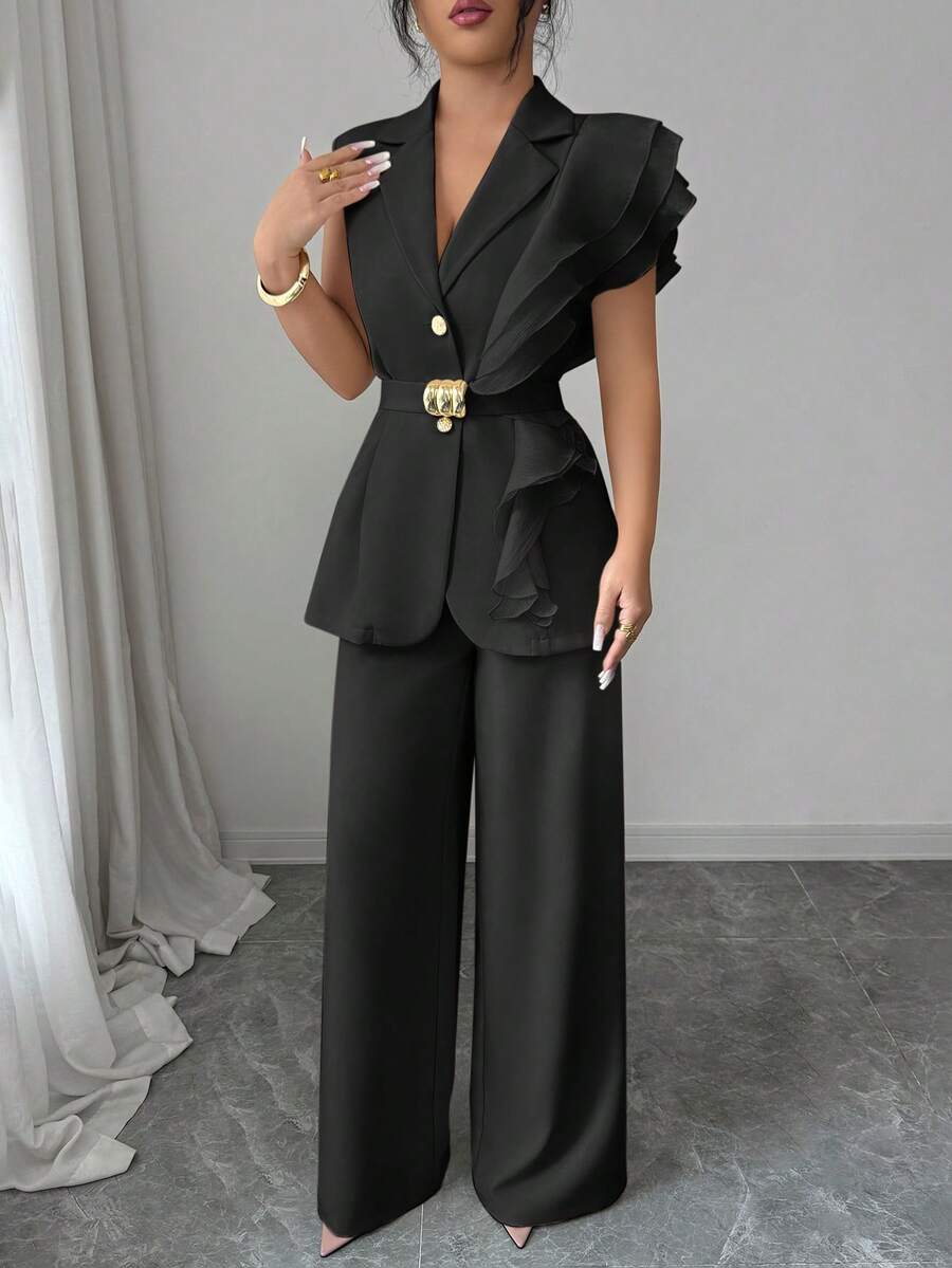 Ženski elegantni letnji luksuzni set -blejzer sa volanim kragnom i vezivanjem u struku uz pantalone